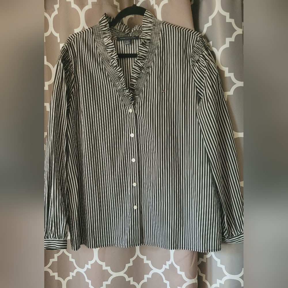 Tommy Hilfiger Black and White Striped Shirt With Ruffled Collar